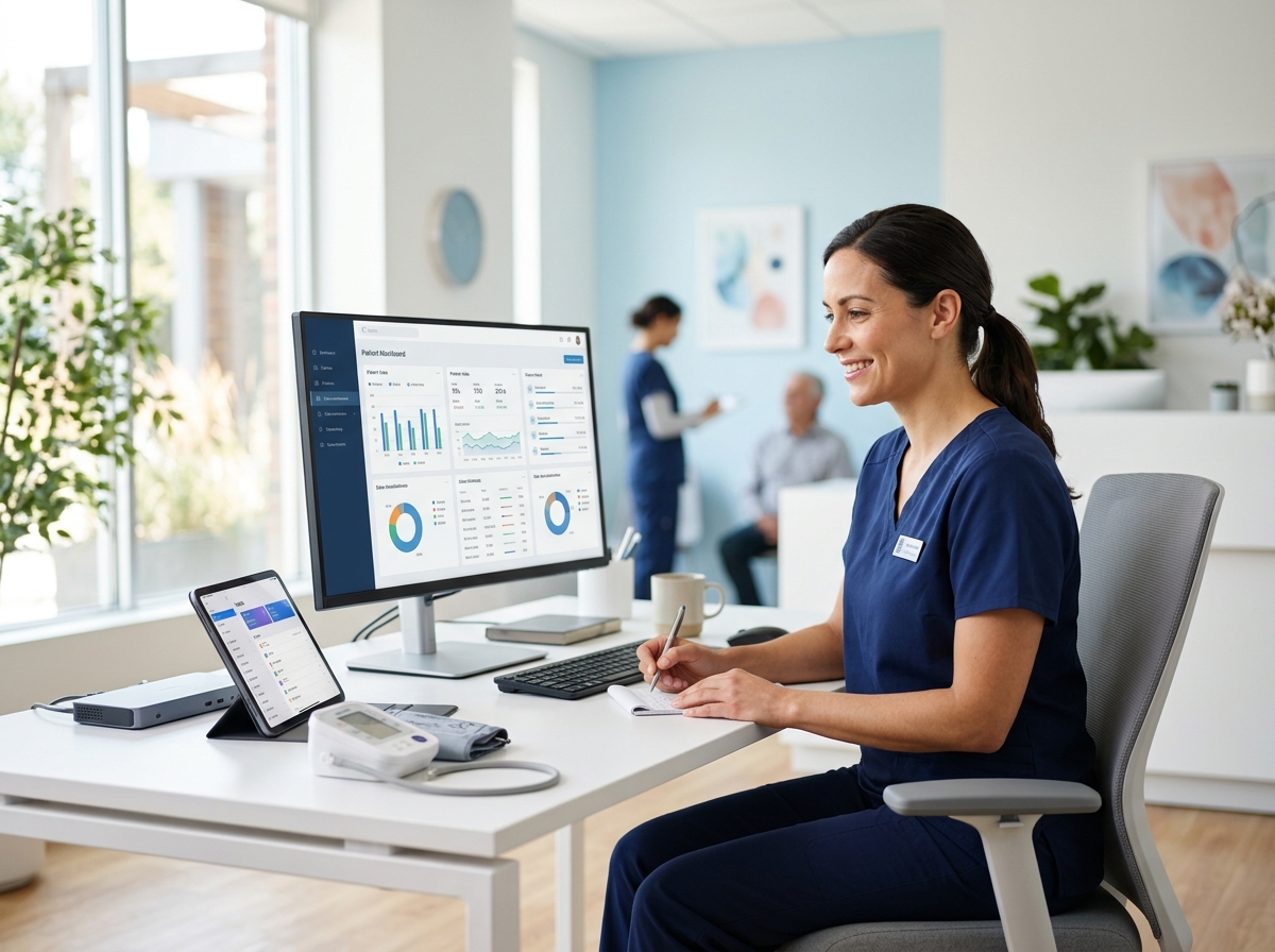 A care coordinator reviewing patient readings on a dashboard in a medical practice