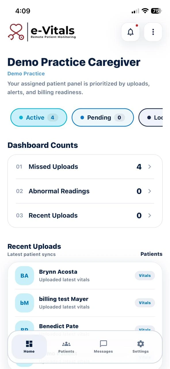 e-Vitals Go caregiver dashboard