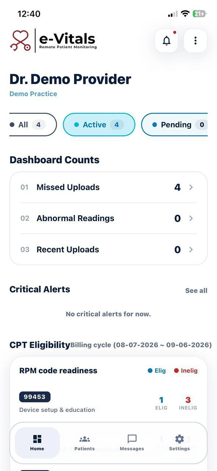 e-Vitals Go provider dashboard